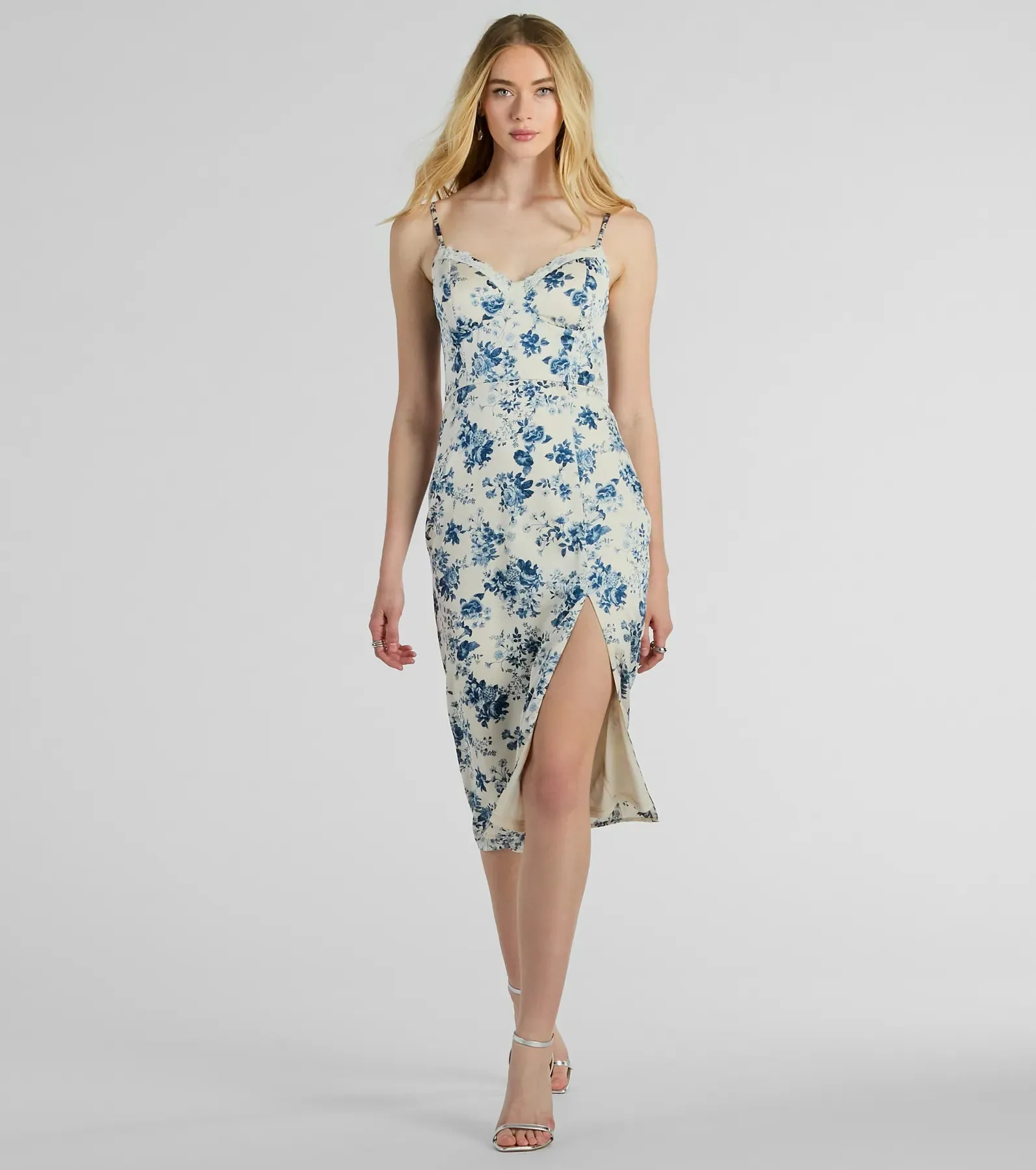 Botanical Beauty Lace Trim Floral Satin Midi Dress sold by Windsor