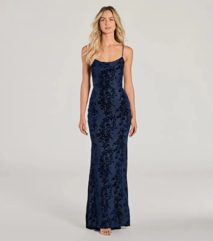 Presley Lace-Up Mermaid Velvet Mesh Formal Dress sold by Windsor