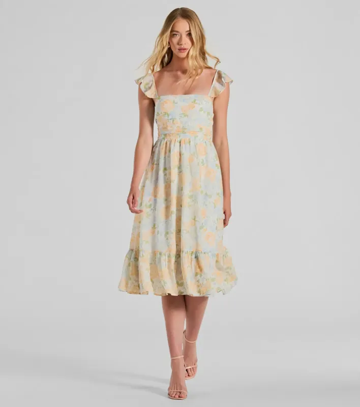 Delightfully Chic Ruffled Floral Chiffon Midi Dress sold by Windsor