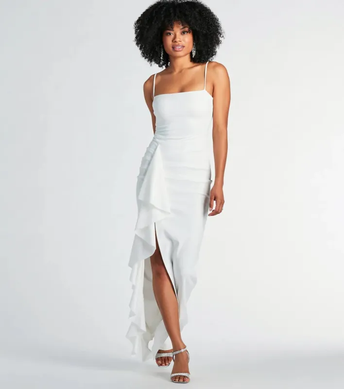 Maggie Ruffled High Slit Crepe Formal Dress sold by Windsor