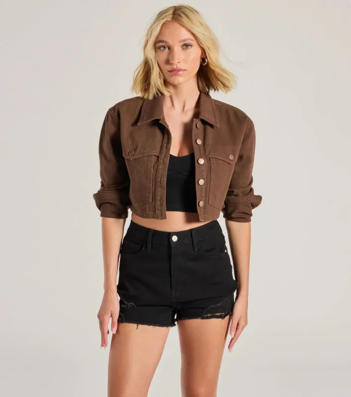 Popular Cutie Long Sleeve Crop Denim Shacket sold by Windsor