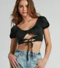 Around Town Puff Sleeve Tie-Front Satin Crop Top sold by Windsor