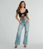 Around Town Puff Sleeve Tie-Front Satin Crop Top sold by Windsor