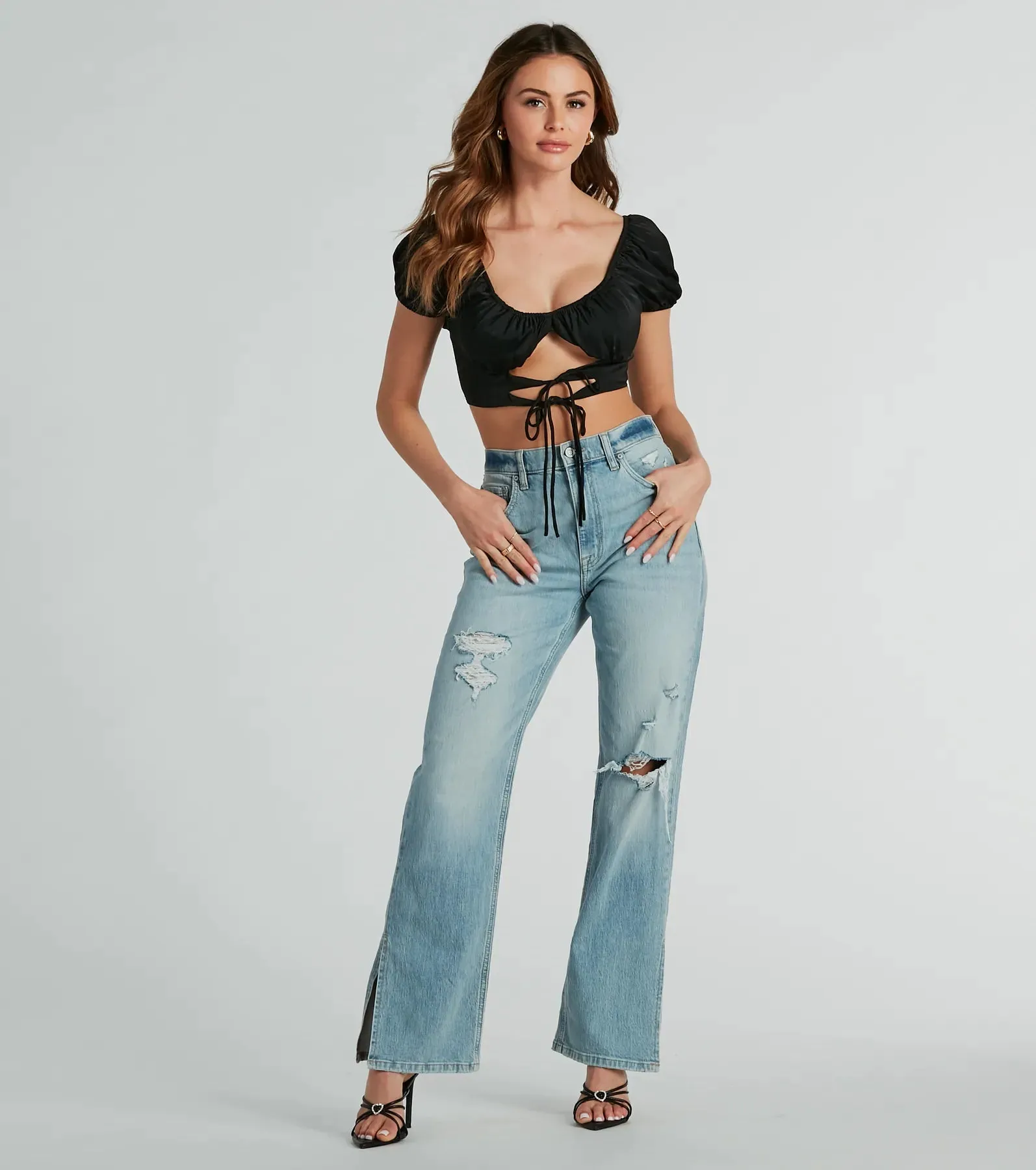 Around Town Puff Sleeve Tie-Front Satin Crop Top sold by Windsor product image thumbnail 2