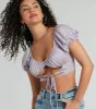 Around Town Puff Sleeve Tie-Front Satin Crop Top sold by Windsor