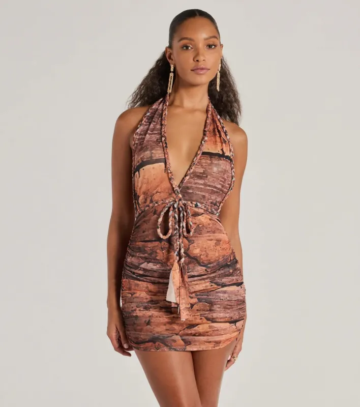 Style Muse Plunge Halter Braided Tie Mesh Mini Dress sold by Windsor