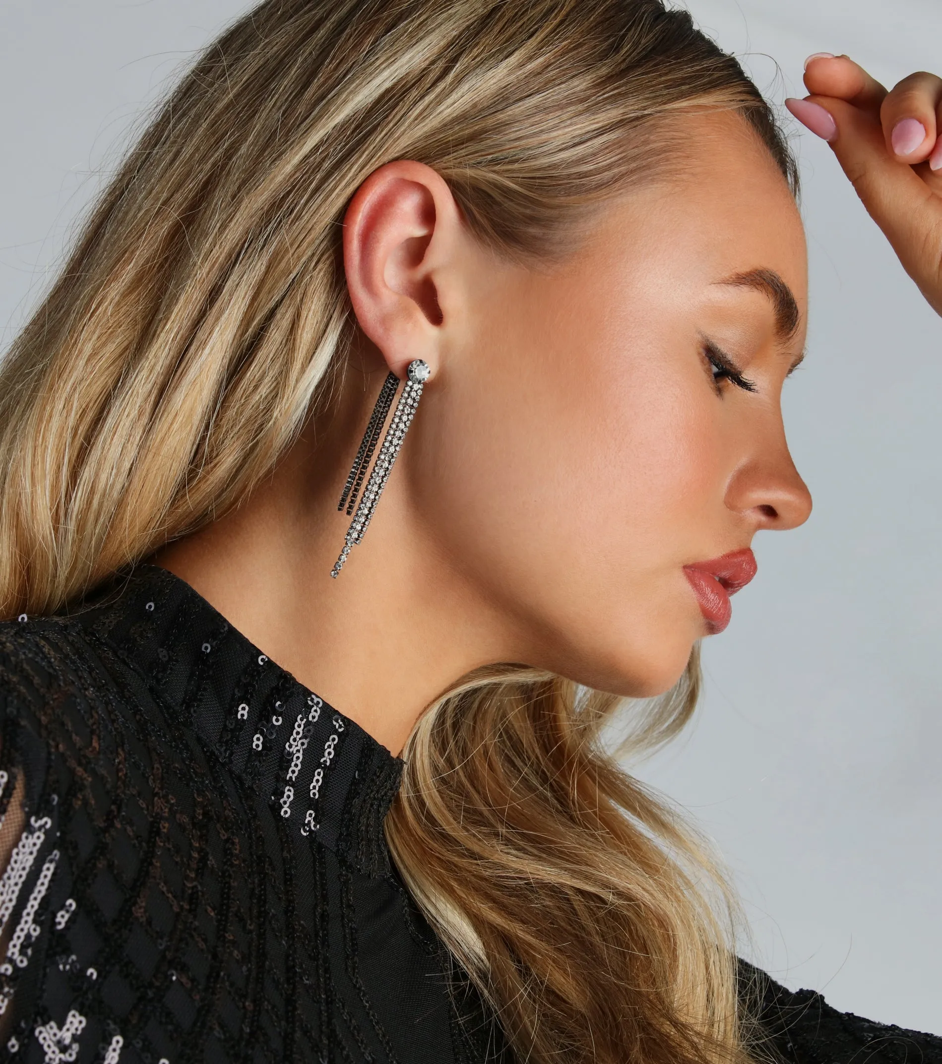 Edgy Glamour Rhinestone Fringe Earrings sold by Windsor