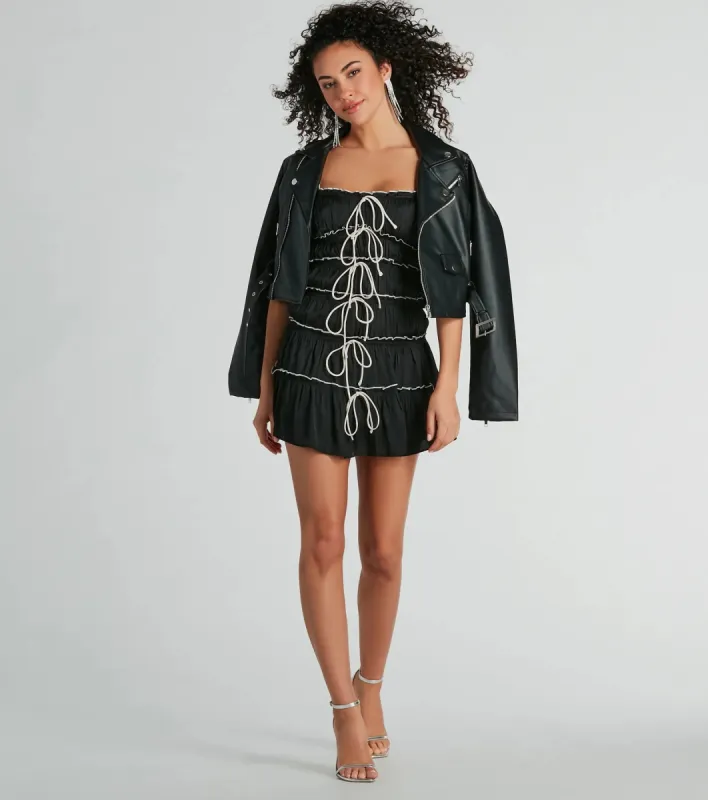 Adorably Chic Bow-Detailed Ruffled Mesh Mini Dress sold by Windsor