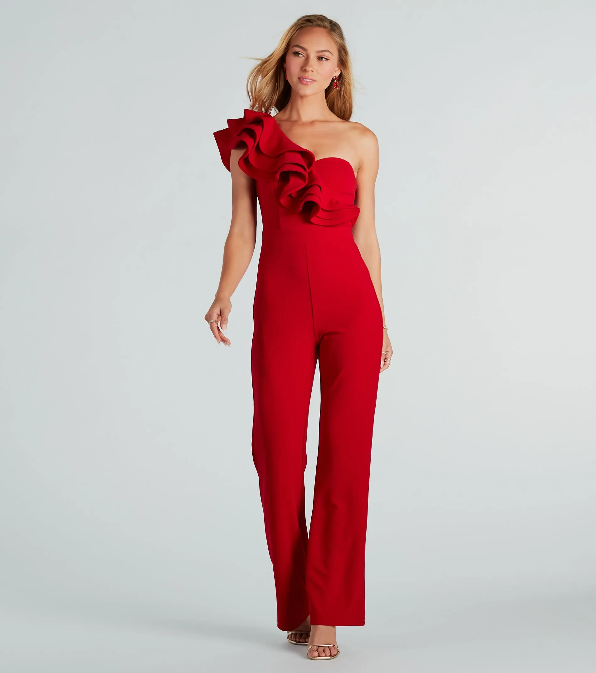 Catwalk Strut Crepe Ruffle One-Shoulder Jumpsuit sold by Windsor