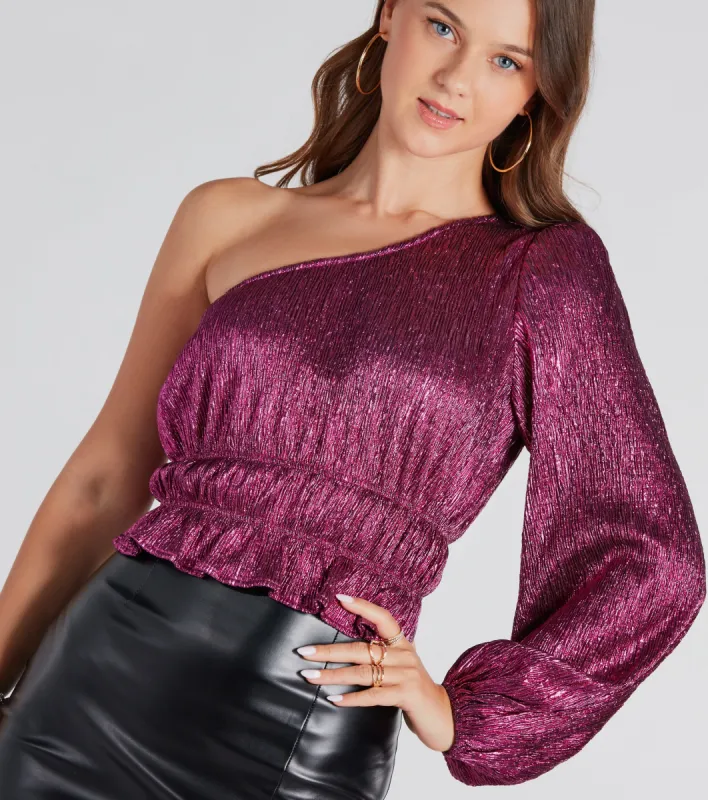 Luxurious Shimmer Metallic One-Shoulder Top sold by Windsor