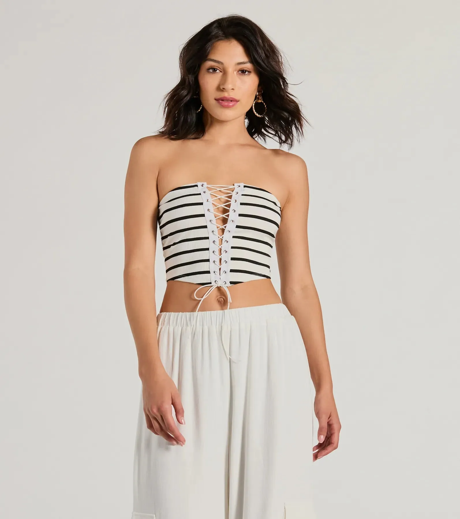 Bold Babe Strapless Lace-Up Striped Crop Top sold by Windsor