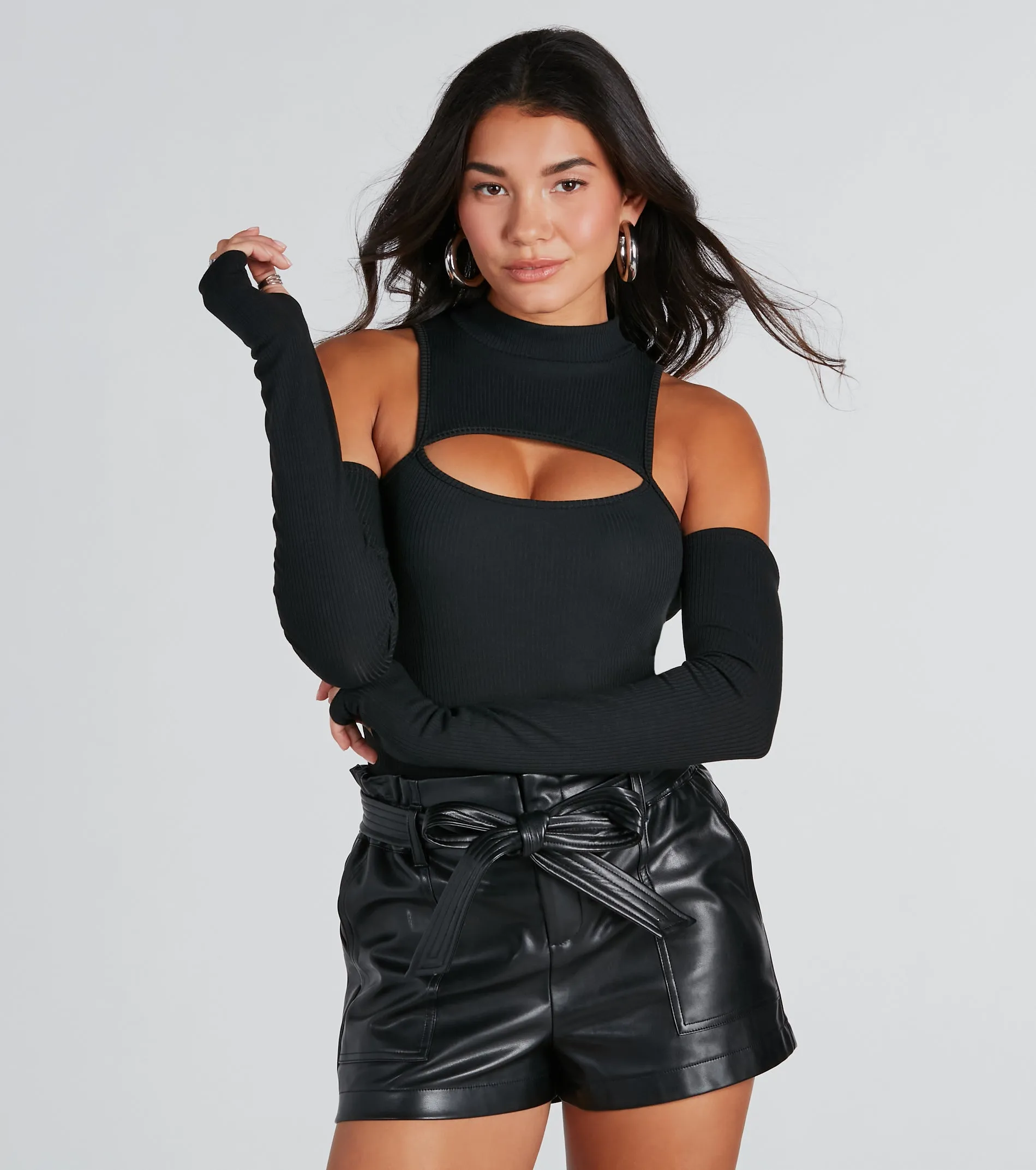 CLEARANCE - Catch Glances Mock Neck Cold-Shoulder Bodysuit sold by Windsor