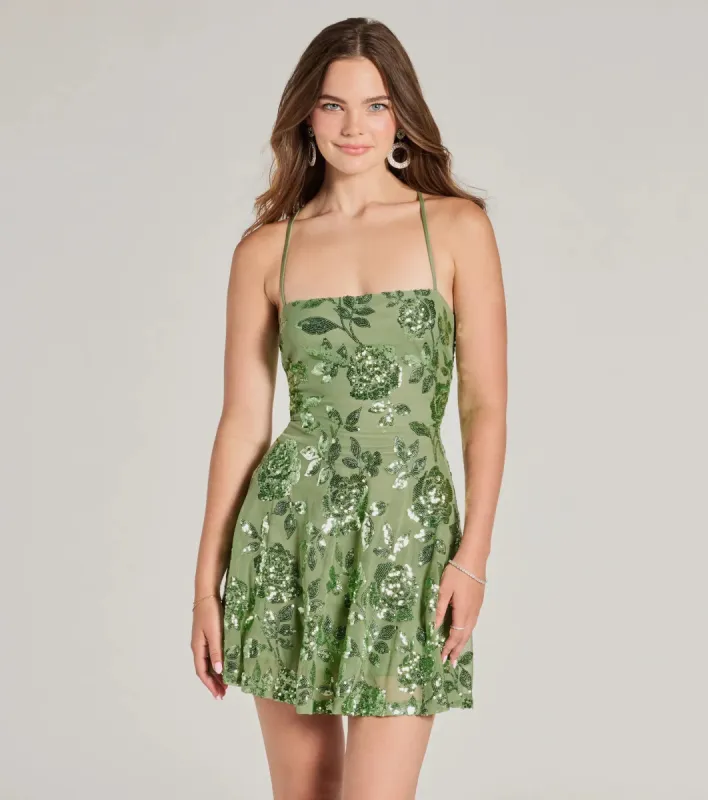 Sparkling Beauty Lace-Up Floral Sequin Skater Dress sold by Windsor