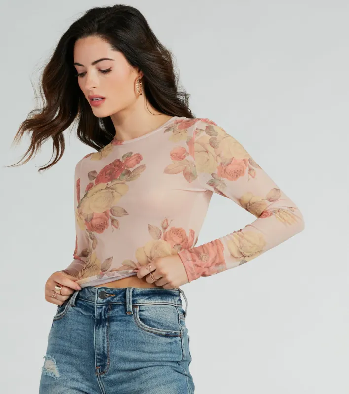 Elevate The Charm Long Sleeve Floral Mesh Crop Top sold by Windsor