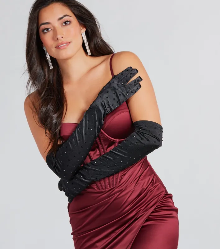 Glamorous Affair Satin Rhinestone Gloves sold by Windsor