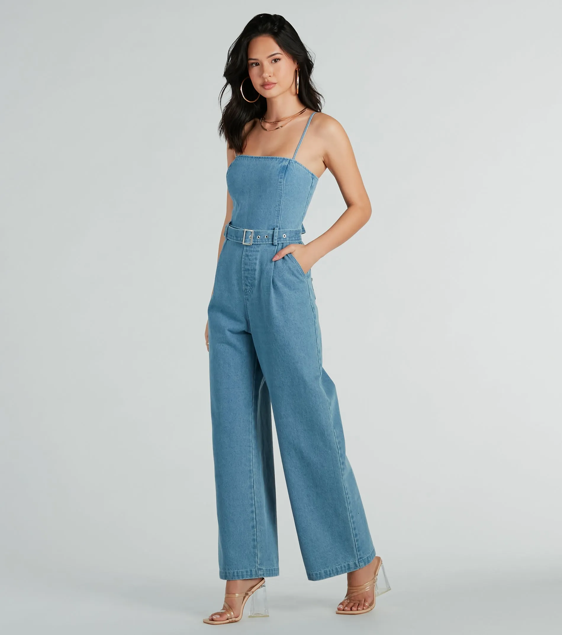 Style Goals Belted Wide-Leg Denim Jumpsuit sold by Windsor