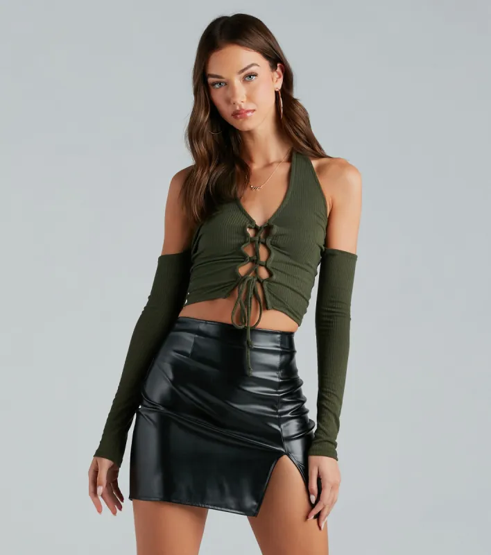 Cool Girl Ties Lace-Up Cold Shoulder Crop Top sold by Windsor