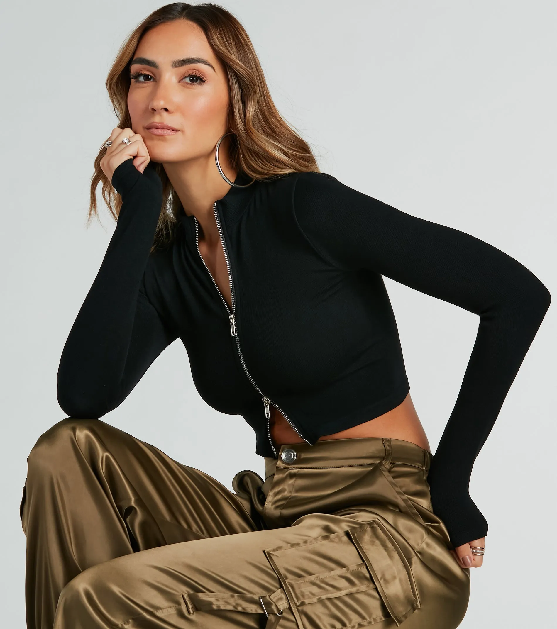 Sporty Perfection Long Sleeve Zipper Knit Crop Top sold by Windsor product image thumbnail 3