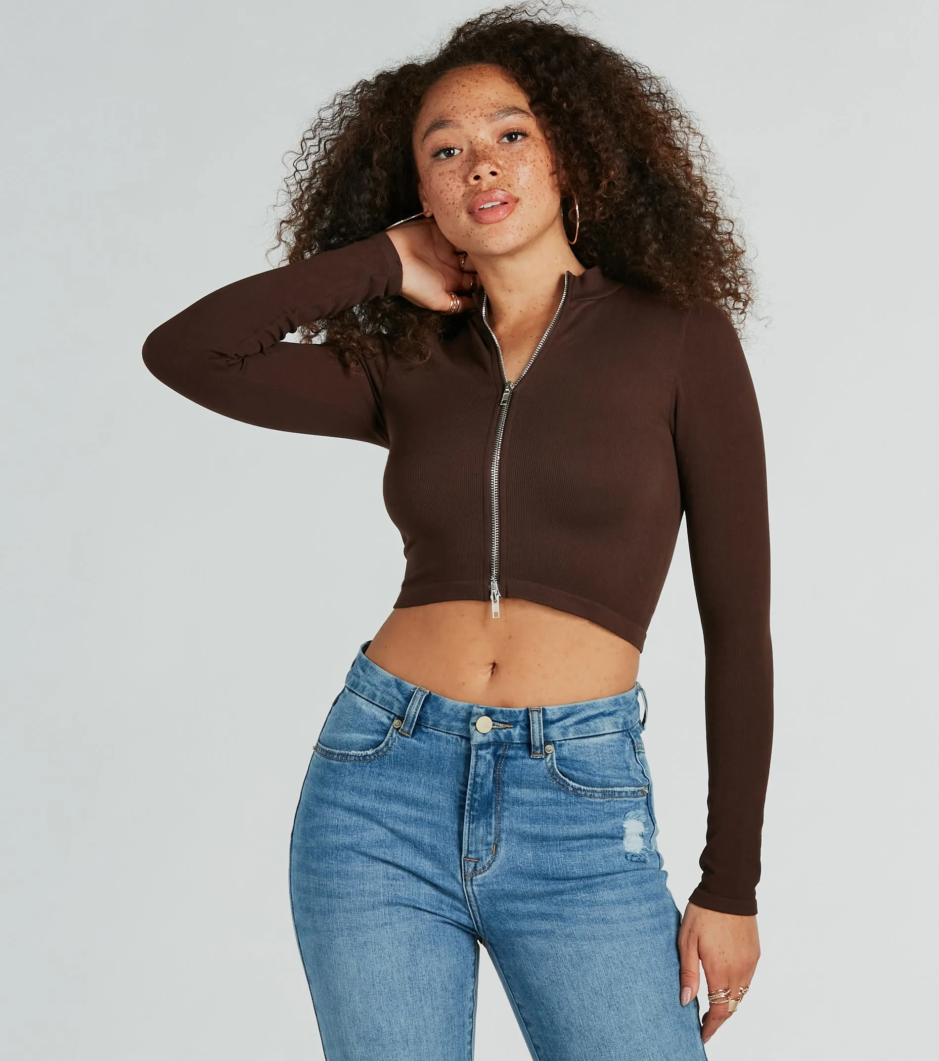 Sporty Perfection Long Sleeve Zipper Knit Crop Top sold by Windsor product image thumbnail 5