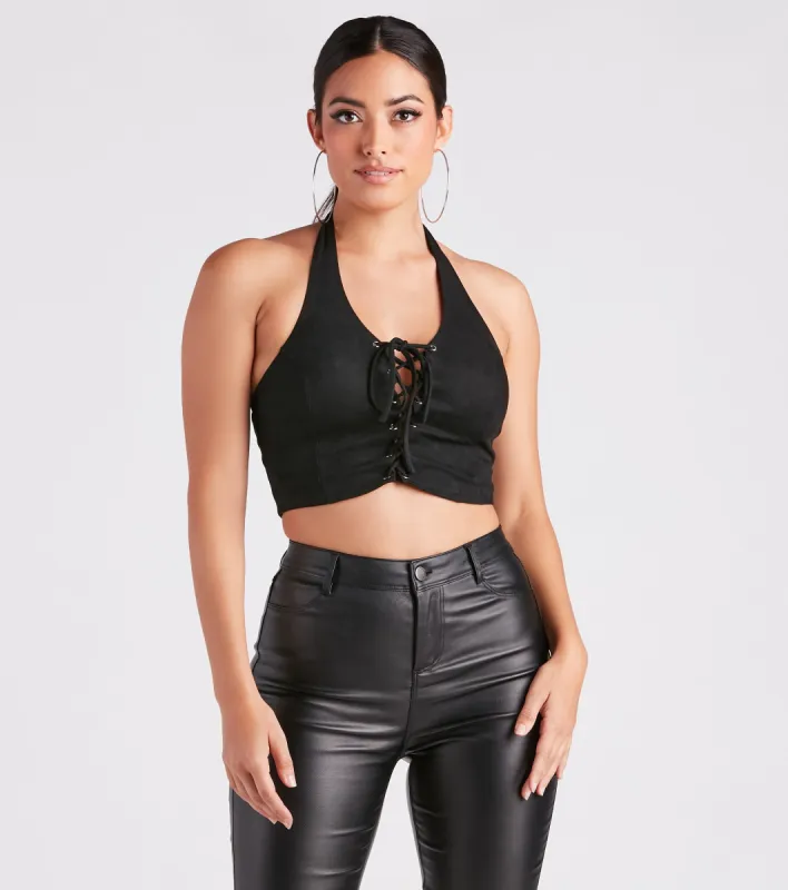 Hit The Town Faux Suede Lace-Up Halter Top sold by Windsor