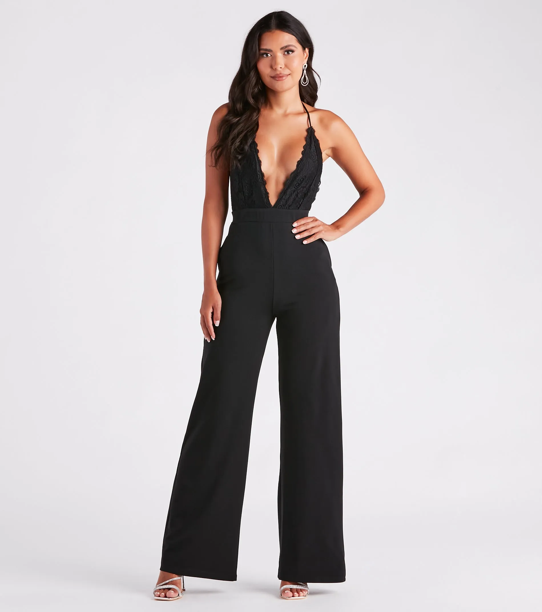 Chic Vibes Plunging Lace And Crepe Jumpsuit sold by Windsor