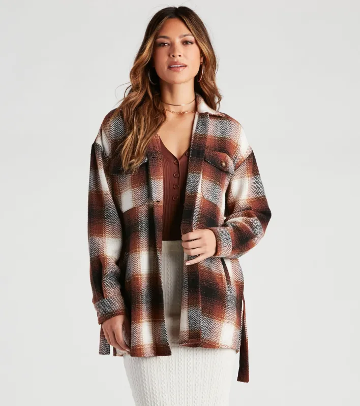 Cozy Fall Vibes Belted Plaid Shacket sold by Windsor