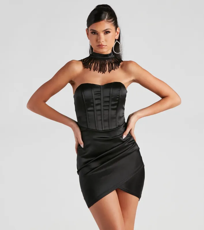 Marina Fringe Choker Neck Satin Mini Dress sold by Windsor