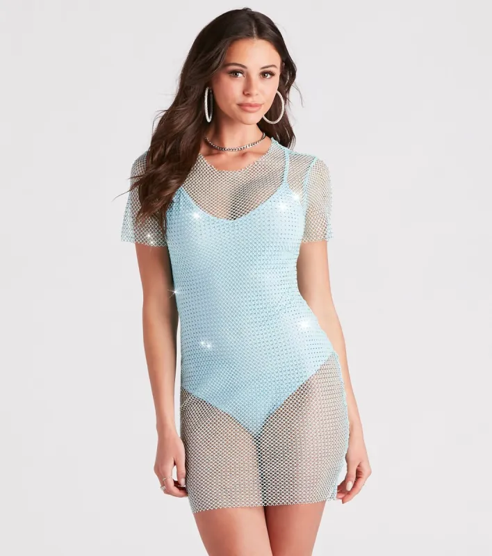 PLACEHOLDER - Fierce Summer Vibes Rhinestone Fishnet Mini Dress sold by Windsor