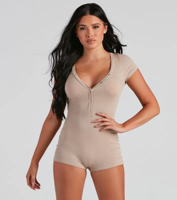 Coffee And Chill Henley Pajama Romper sold by Windsor