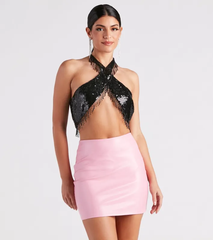 Disco Babe Sequin Fringe Halter Top sold by Windsor