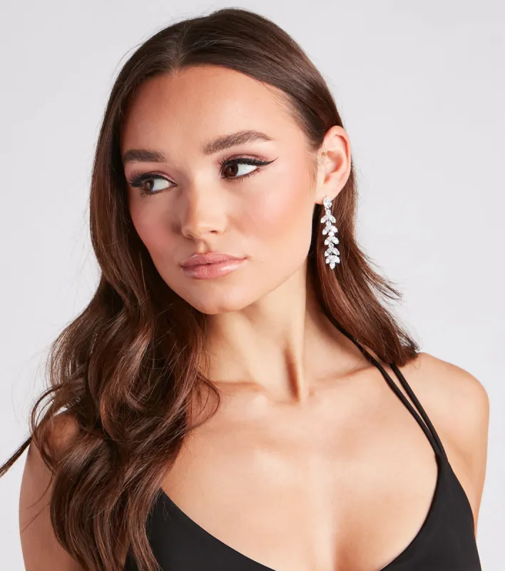 So Chic Rhinestone Leaf Duster Earrings sold by Windsor