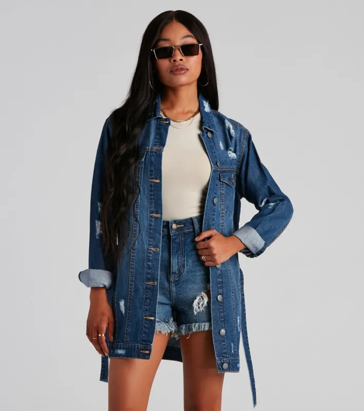 Denim Babe Belted Long Jean Jacket sold by Windsor
