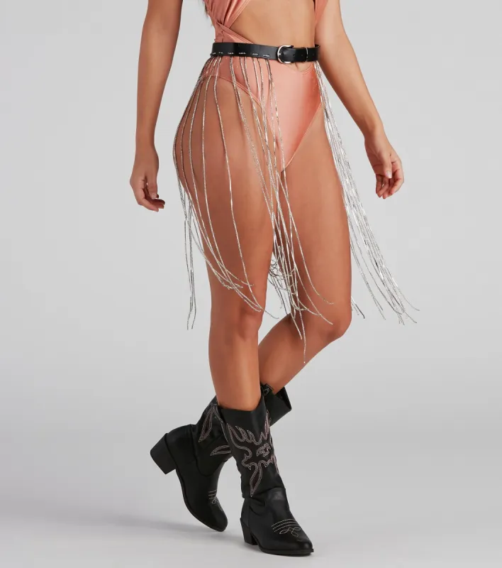Festive Babe Rhinestone Fringe Belt sold by Windsor
