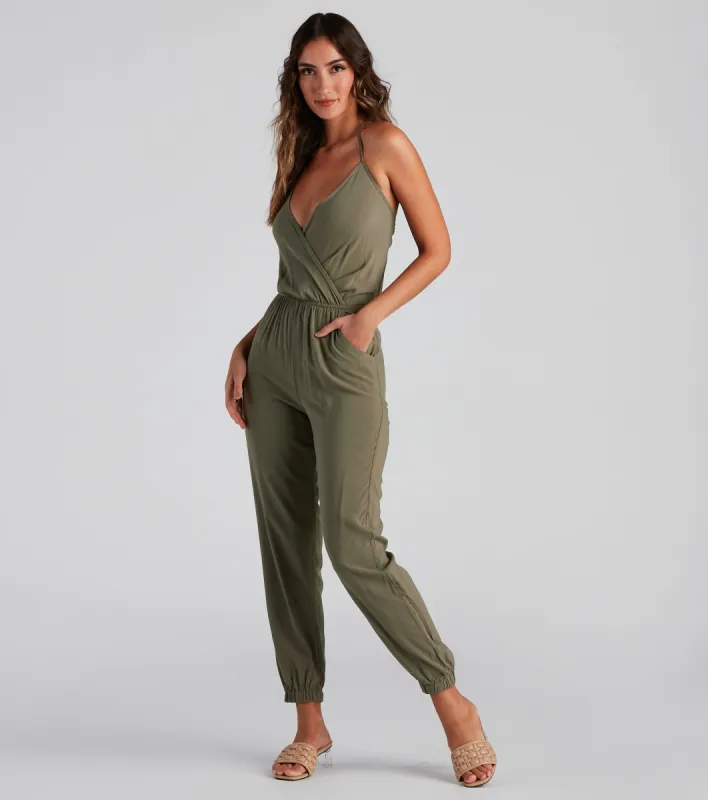 Plunging Into Basics Surplice Jumpsuit sold by Windsor