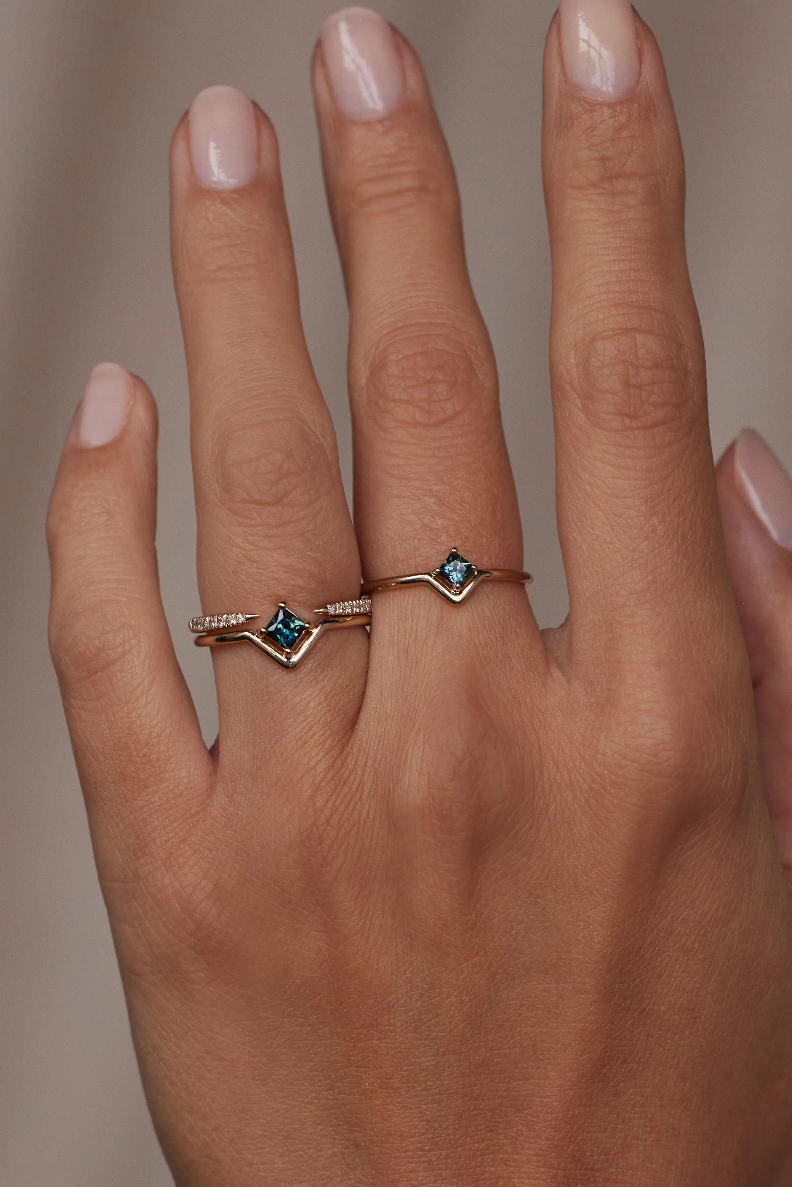 Medium Princess Cut Teal Sapphire Nestled Ring sold by WWAKE product image thumbnail 2