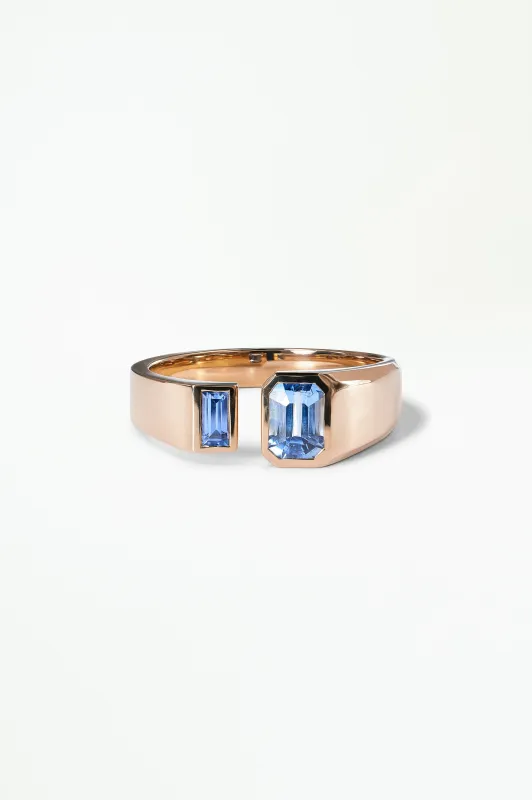 Emerald and Baguette Cut Blue Sapphire Dyad Ring sold by WWAKE