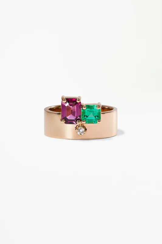 One of a Kind Emerald Cut Emerald and Garnet Bricolage Ring No. 17 made by WWAKE