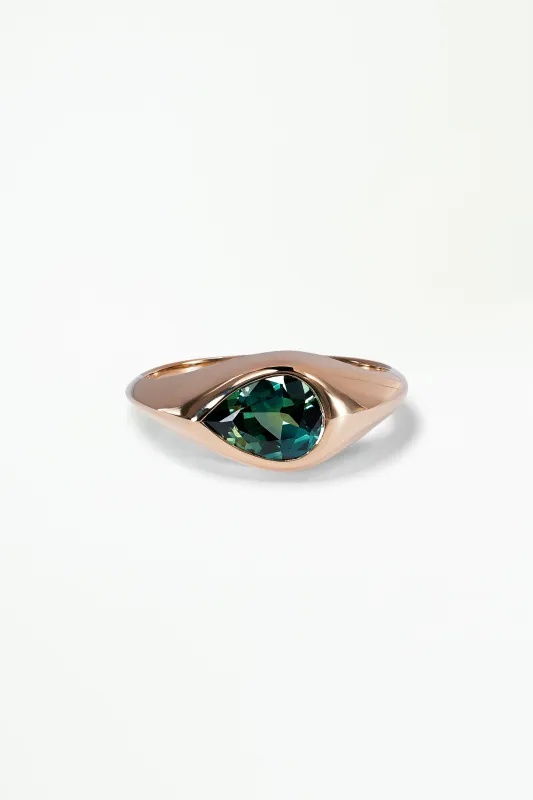 One of a Kind Pear Cut Bi-Color Blue Green Sapphire Signet Ring No. 59 made by WWAKE