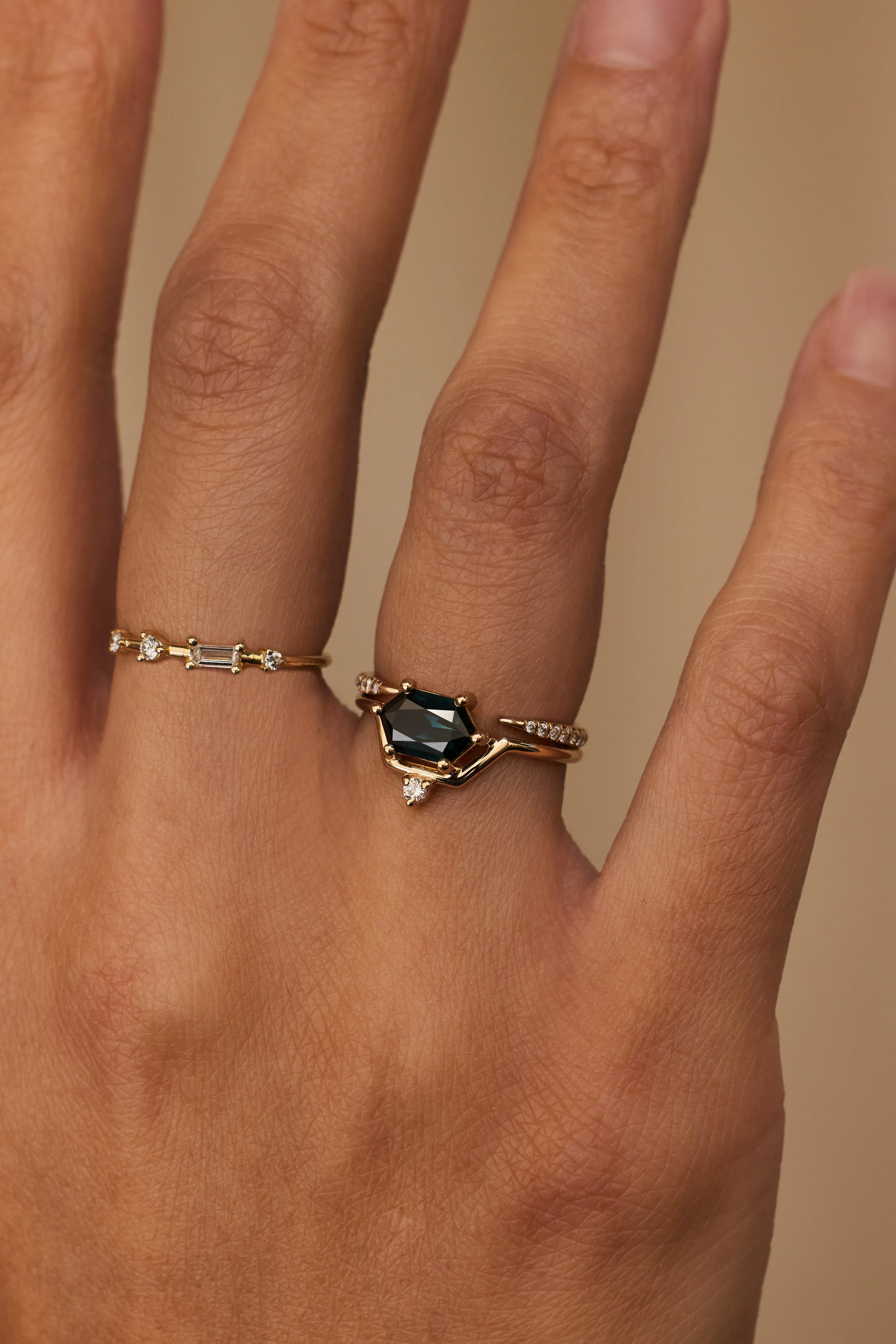 One of a Kind Hexagon Cut Sapphire and Diamond Nestled Ring No. 2 sold by WWAKE product image thumbnail 2
