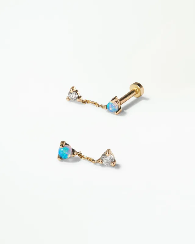 Small Opal and Diamond Two-Step Chain Flat Back Earring made by WWAKE