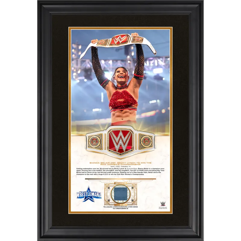 Bianca Belair WWE Framed Golden Moments 10" x 18" WrestleMania 38 Collage with a Piece of Match-Used Canvas - Limited Edition of 250 sold by WWE