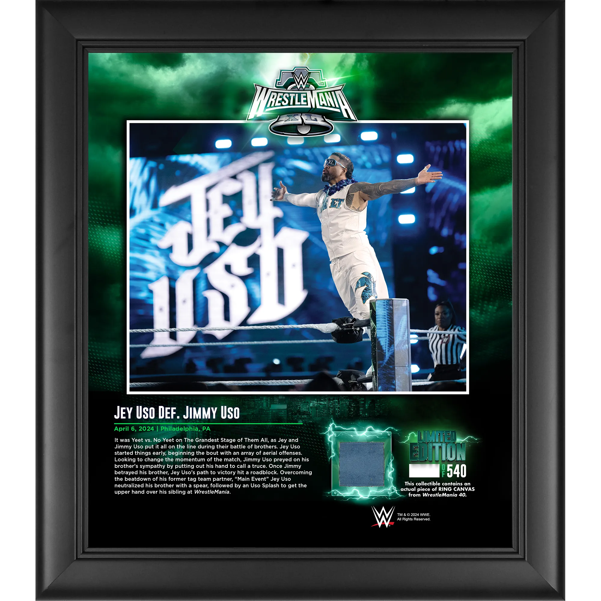 Jey Uso WWE Framed 15" x 17" WrestleMania 40 Night 1 Collage with a Piece of Match-Used Canvas - Limited Edition of 540 sold by WWE