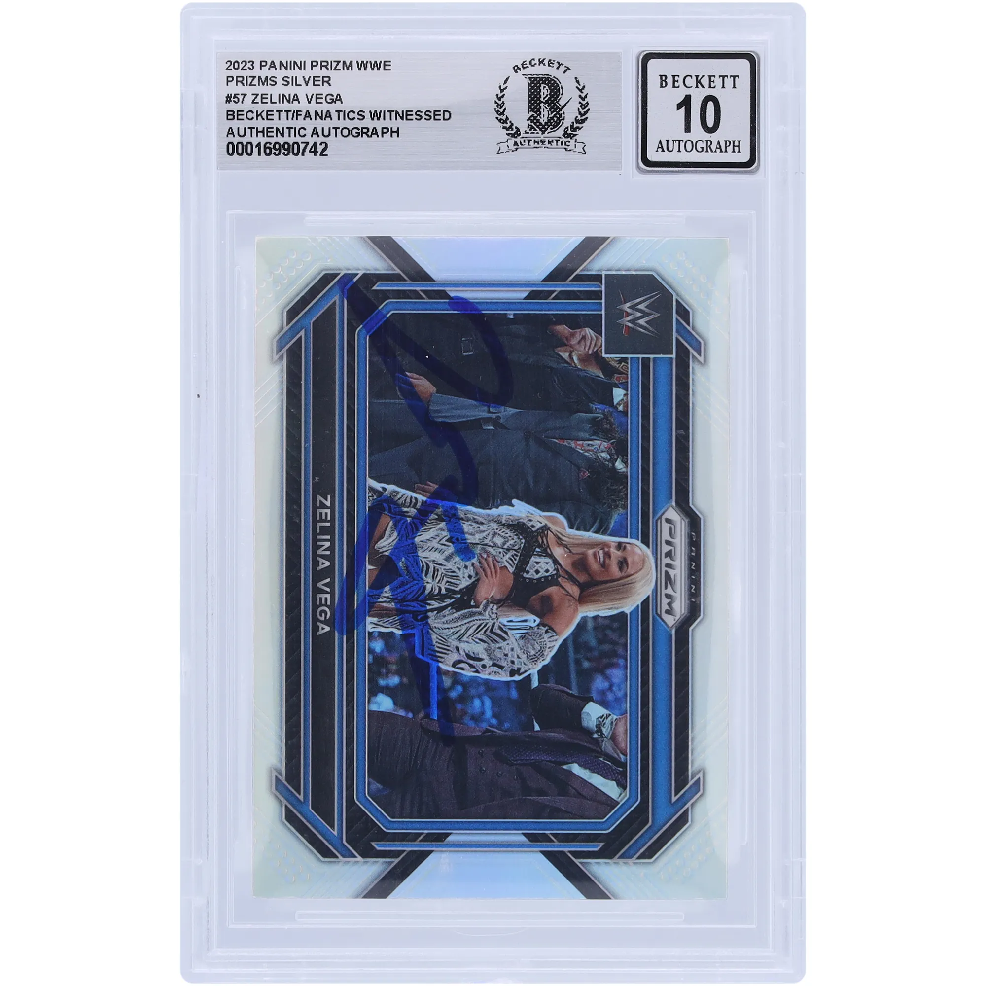 Zelina Vega WWE Autographed 2023 Panini Prizm Silver Prizm #57 Beckett Fanatics Witnessed Authenticated 10 Card sold by WWE