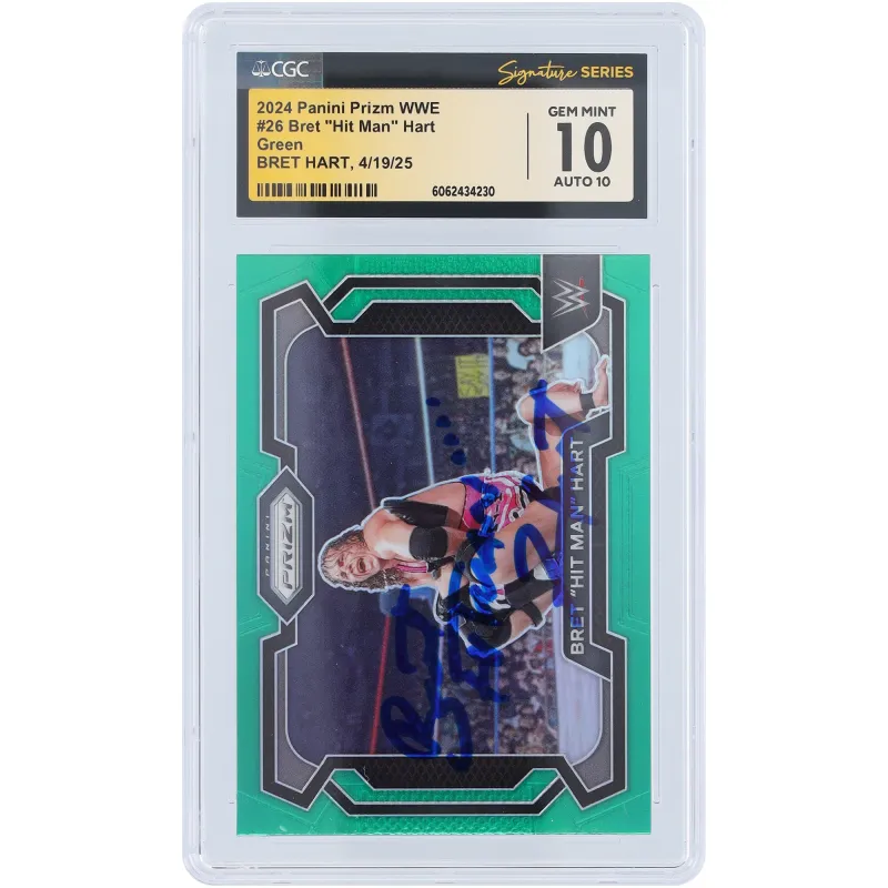 Bret Hart WWE Autographed 2024 Panini Prizm Green Prizm #26 CGC Fanatics Witnessed Authenticated 10/10 Card sold by WWE