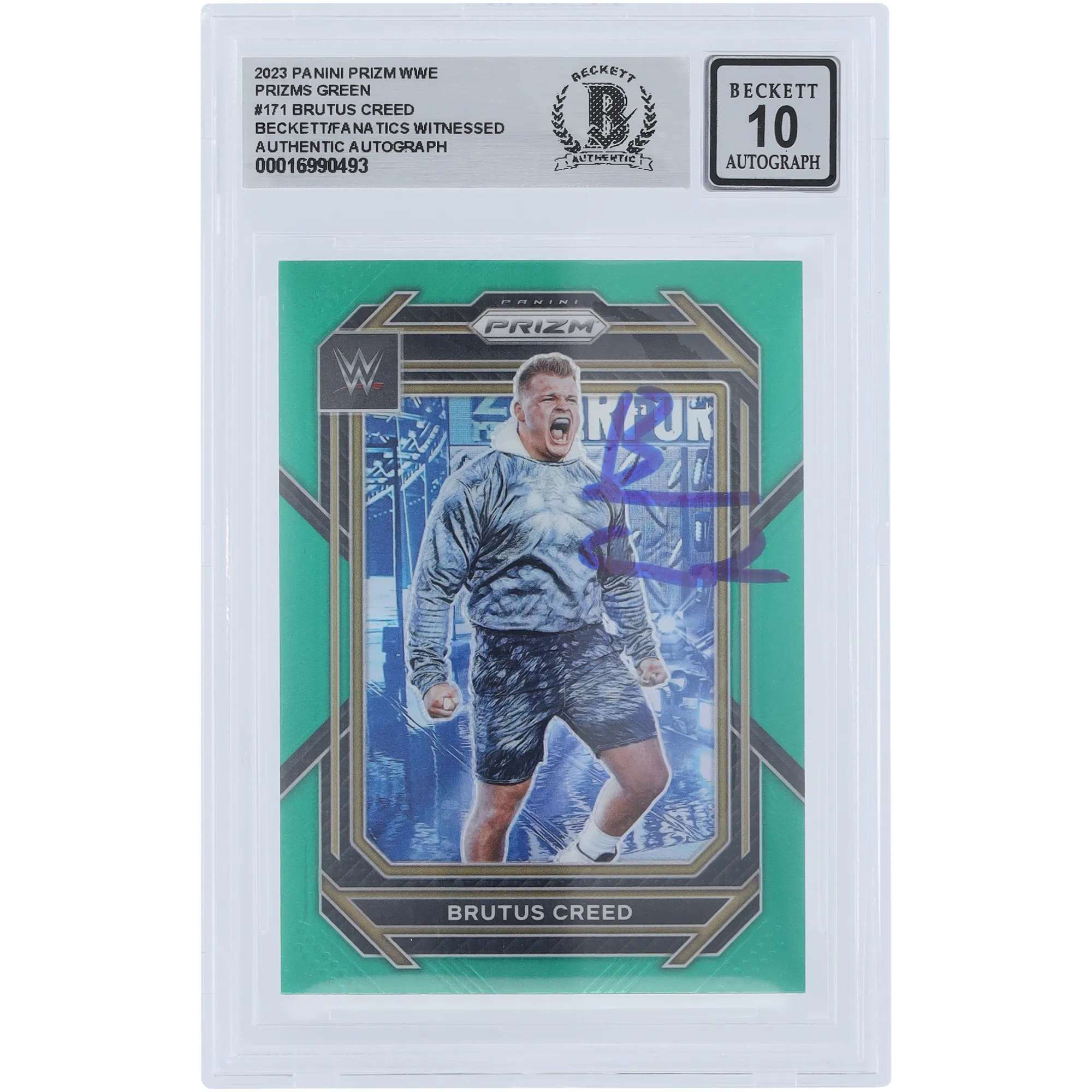 Brutus Creed WWE Autographed 2023 Panini Prizm Green Prizm #171 Beckett Fanatics Witnessed Authenticated 10 Card sold by WWE