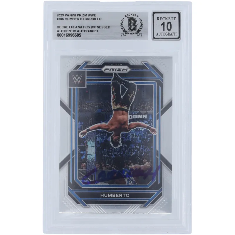 Humberto Carrillo WWE Autographed 2023 Panini Prizm #106 Beckett Fanatics Witnessed Authenticated 10 Card sold by WWE