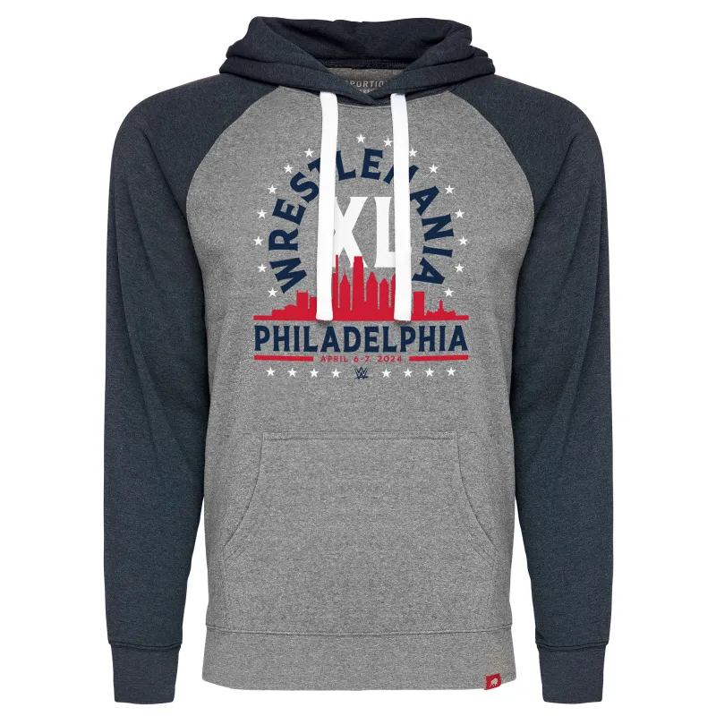 Men's Sportiqe Navy/Gray Wrestlemania 40 Philadelphia Colorblock Tri-Blend Pullover Hoodie sold by WWE