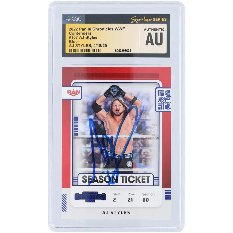 AJ Styles WWE Autographed 2022 Panini Chronicles Contenders Blue #107 #/99 CGC Fanatics Witnessed Authenticated Card sold by WWE