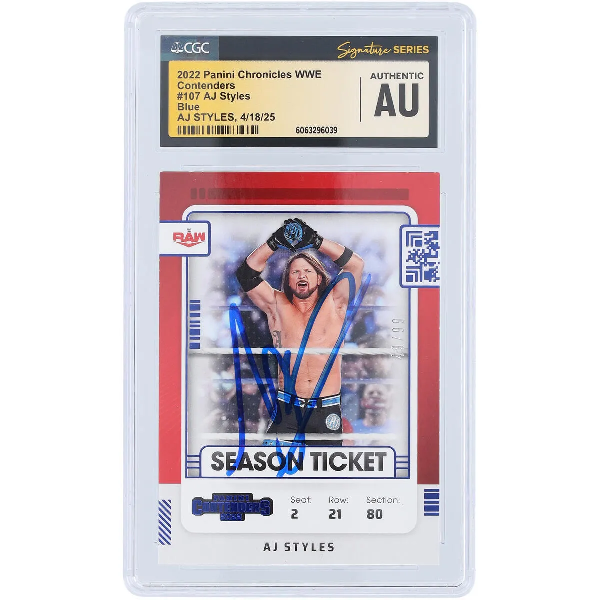 AJ Styles WWE Autographed 2022 Panini Chronicles Contenders Blue #107 #/99 CGC Fanatics Witnessed Authenticated Card sold by WWE