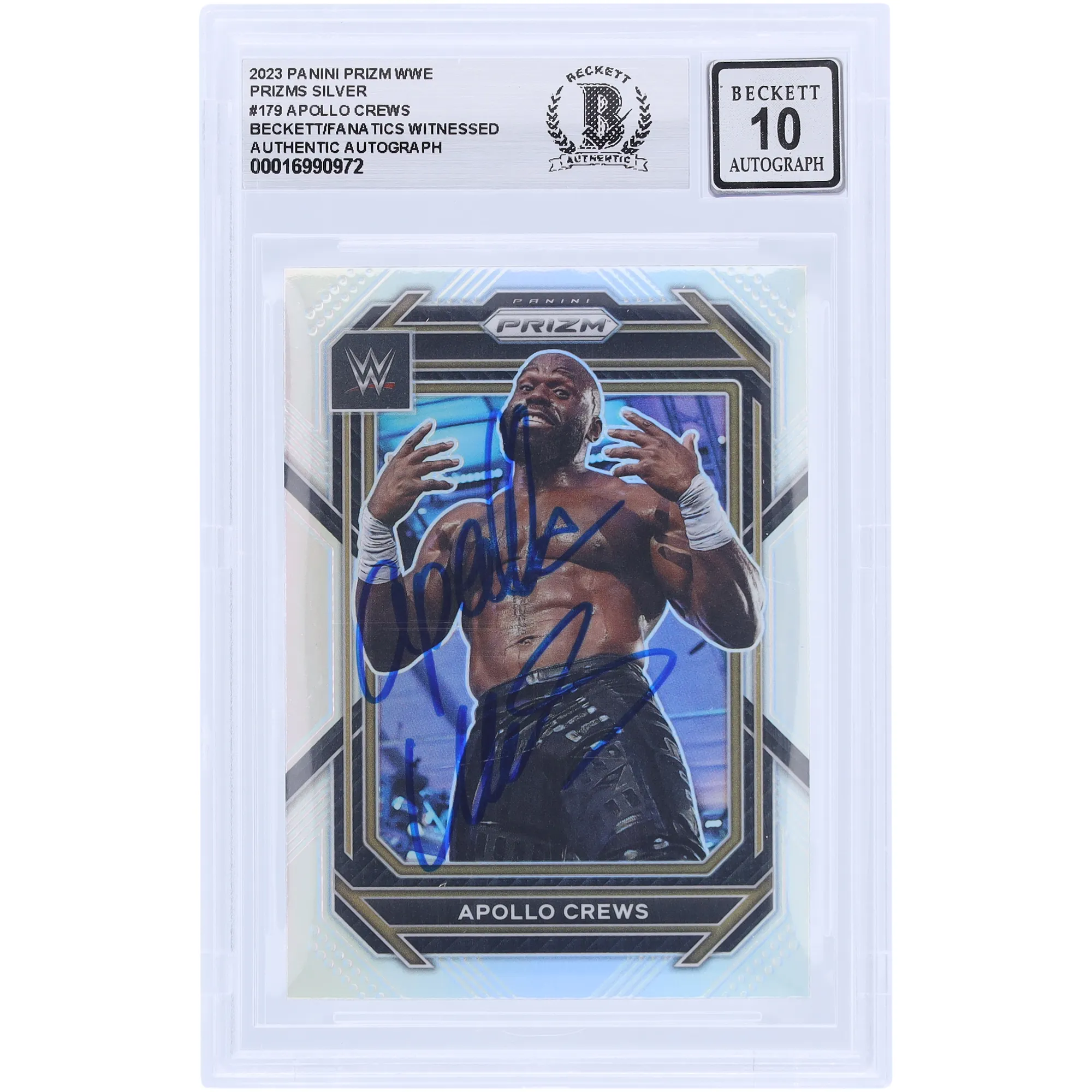 Apollo Crews WWE Autographed 2023 Panini Prizm Silver Prizm #179 Beckett Fanatics Witnessed Authenticated 10 Card sold by WWE